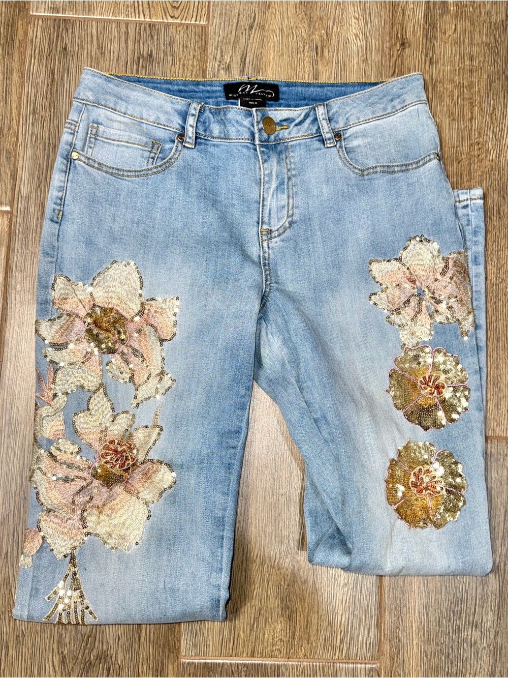 Embellished Light Blue Floral Gold Sequin Women’s Y2K Glam Skinny Jeans Size 6